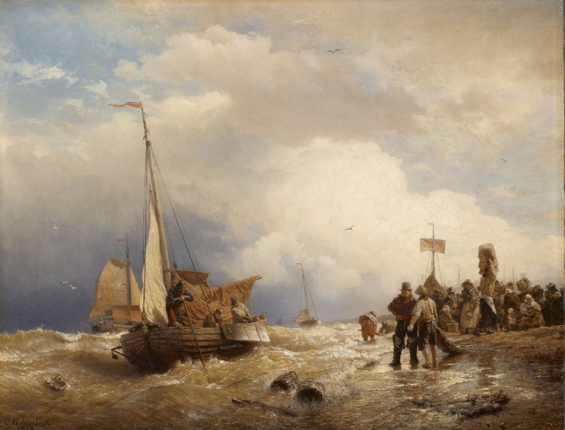 return of the fisherboats in stormy sea by Andreas Achenbach